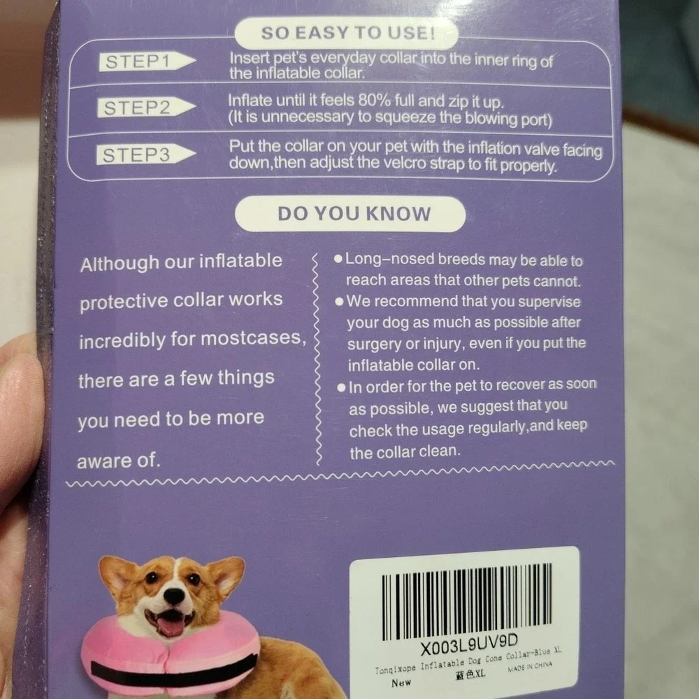 Tonqixope Inflatable Dog Collar XL Blue Soft Protective Surgery Donut Comfort